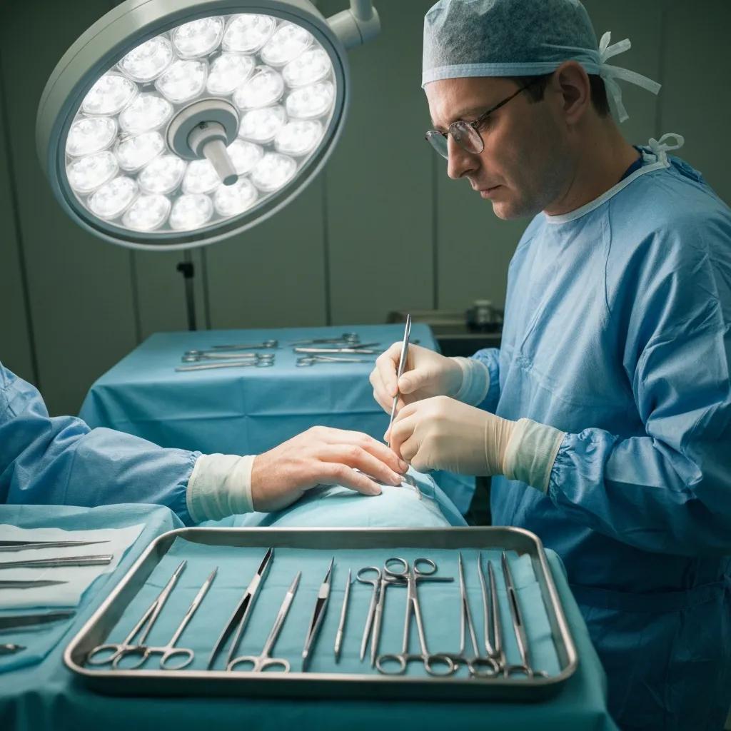 Hand surgeon operating with fine instruments in a sterile setting
