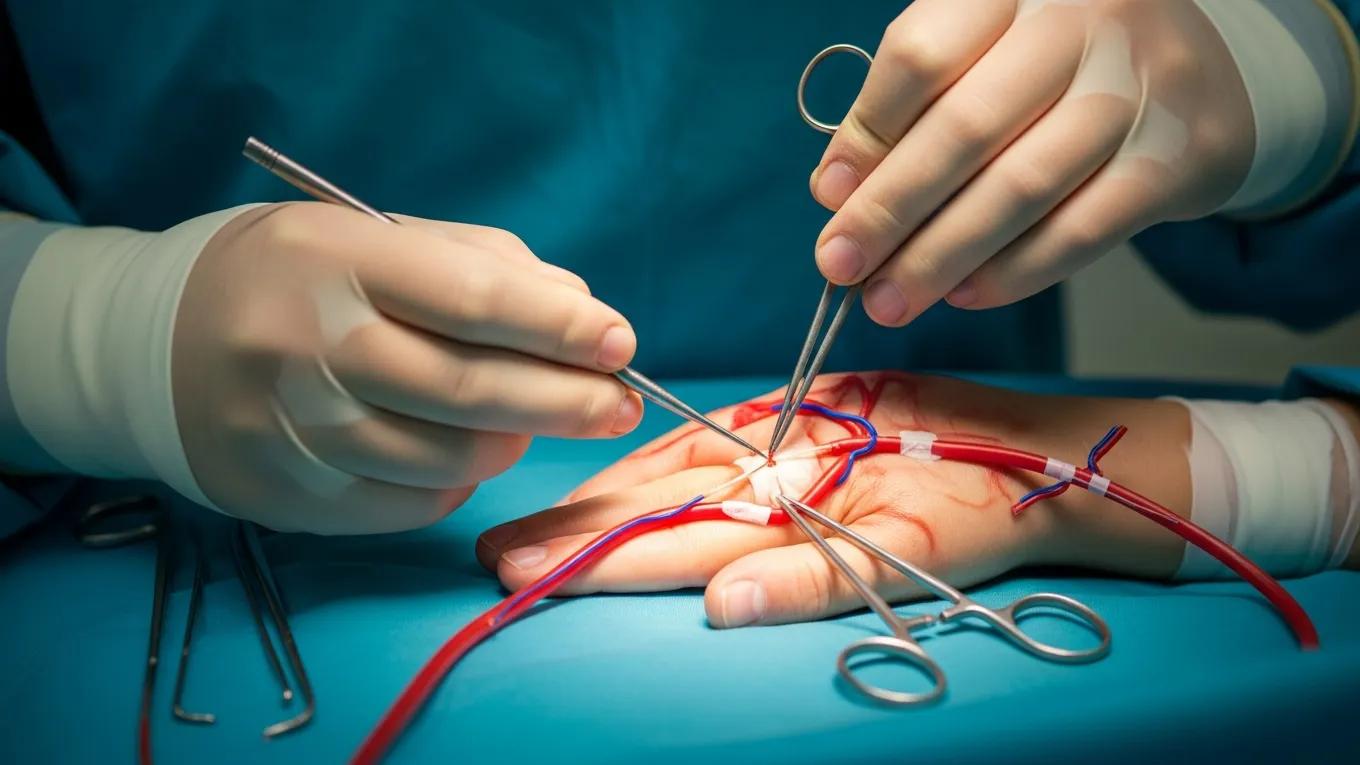 Hand Amputation & Replantation Surgery 2 Surgeon's hands performing vascular repair during hand replantation surgery
