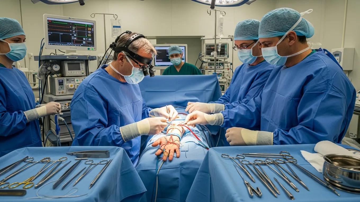 Surgical team performing hand replantation surgery in a clinical setting